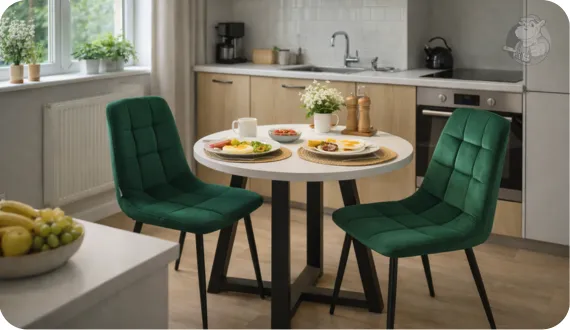 Zielone krzesła tapicerowane HARRY w niewielkiej, nowoczesnej kuchni